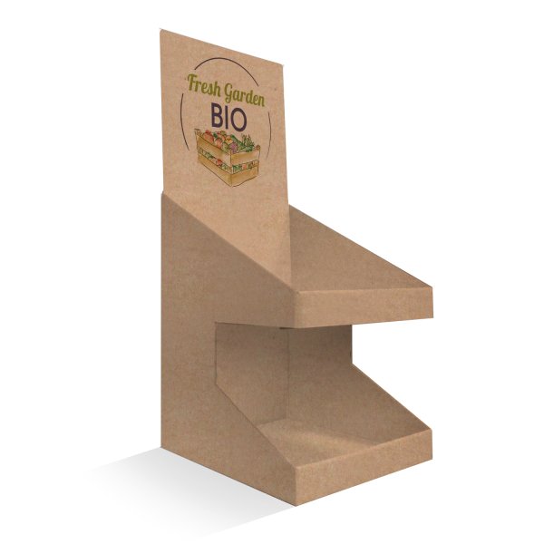 plv de comptoir en carton blanc à deux niveaux